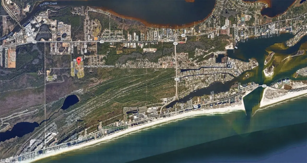 Map of Orange Beach Sports Complex area.