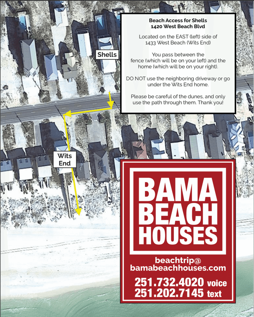 Map showing beach access path for Shells vacation rental 1420 West Beach Blvd